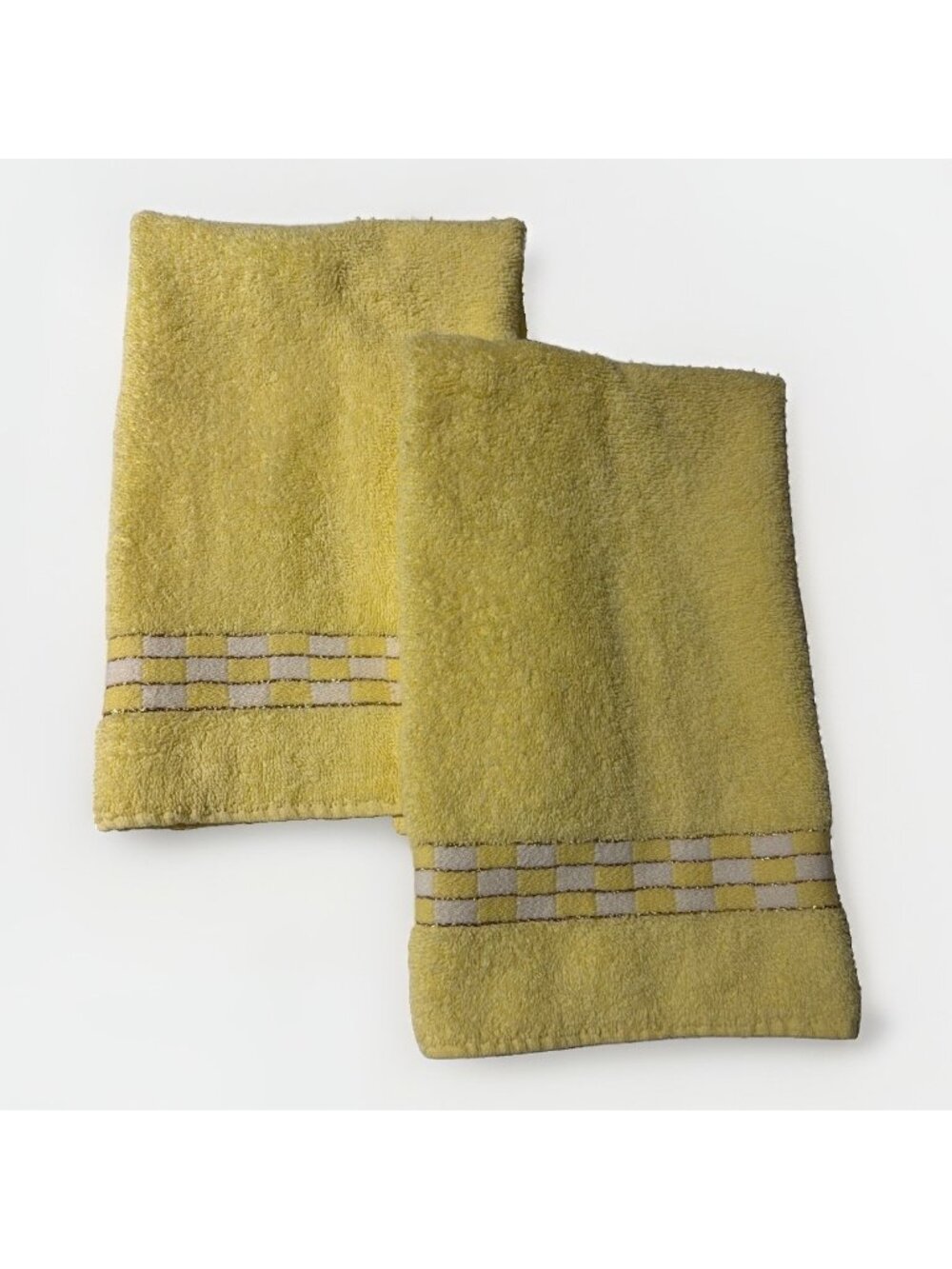 2 Vintage Cone Yellow Geometric Hand Towels Embroidered Metallic Groovy Retro